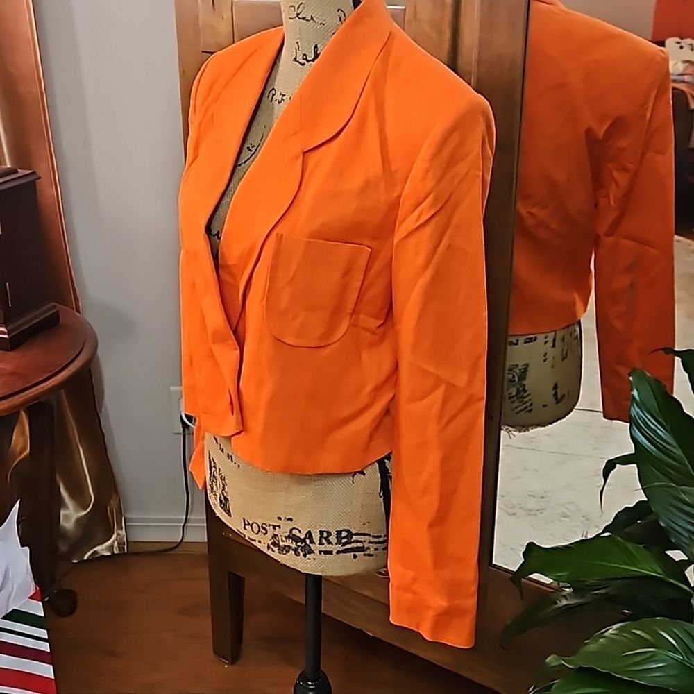 Horchow 100% Linen Orange Cropped Jacket Blazer Size 4 Single Button - Picture 4 of 11